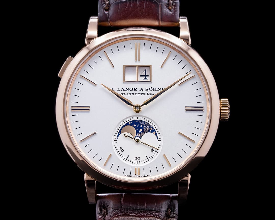 A. Lange and Sohne Saxonia 384.032 Moon Phase Automatik 18K Rose Gold Silver Dial