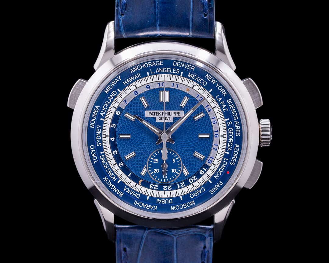 Patek Philippe World Time 5930G Chronograph 18k White Gold Blue Dial