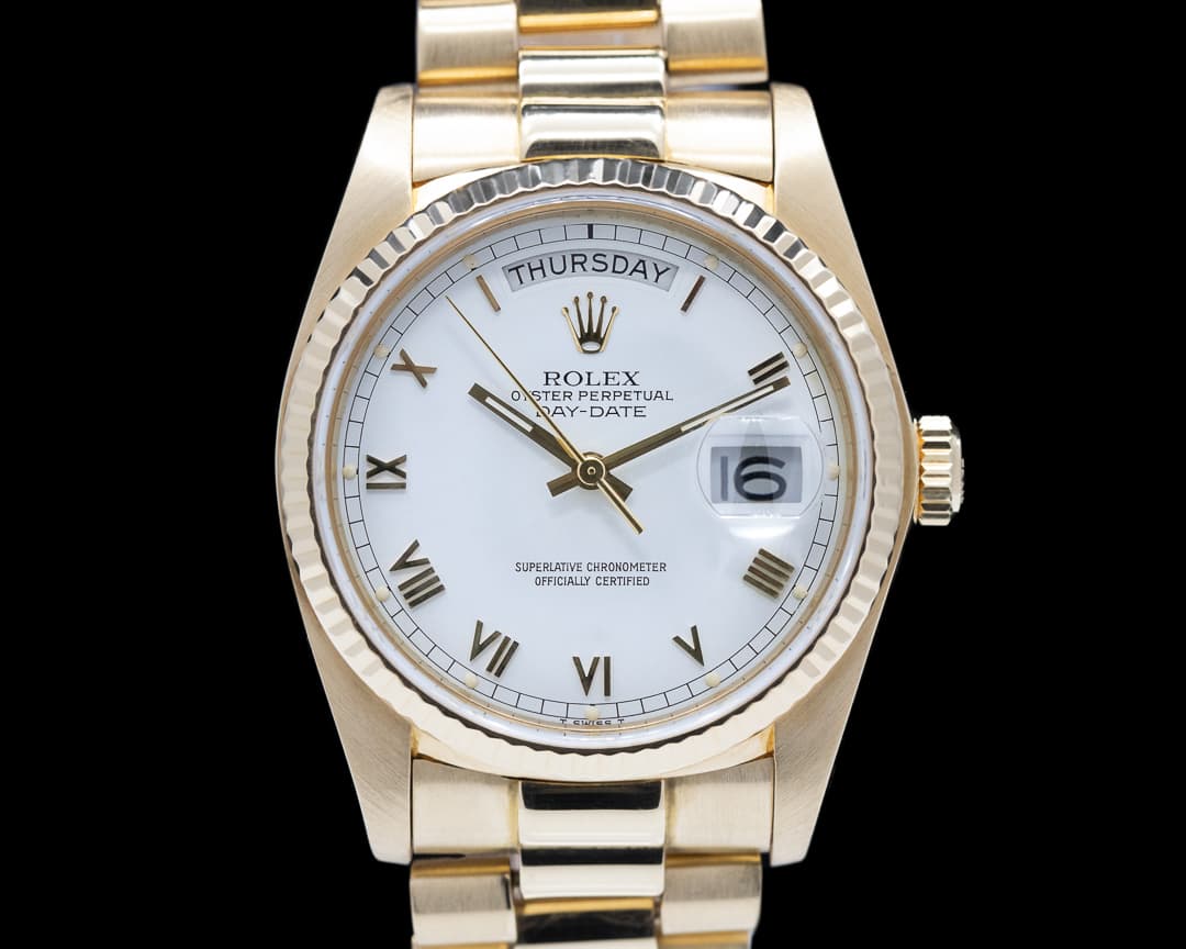 Rolex Day Date 18038 White Dial Yellow Gold c. 1983 FULL SET