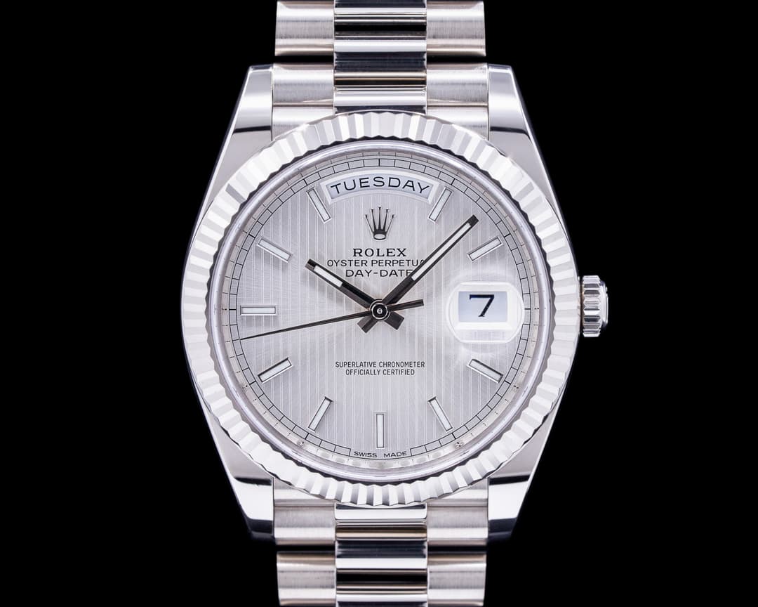 Rolex Day Date 228239 President 18K White Gold Silver Tapestry Dial 40MM