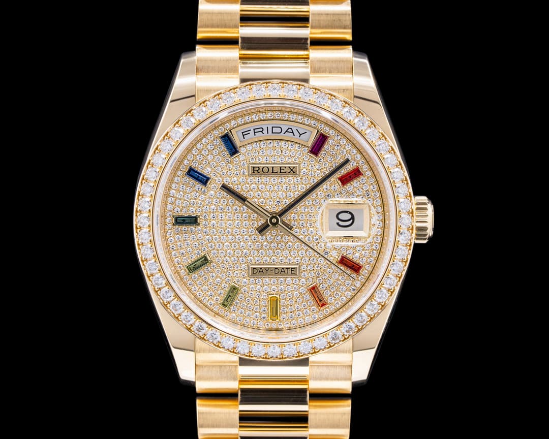 Rolex Day Date President 128349RBR Pave RAINBOW 18k Yellow Gold