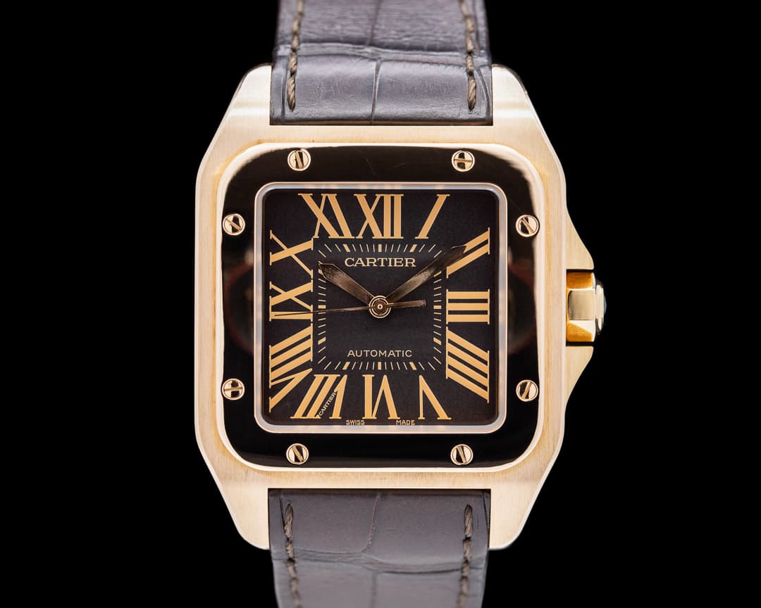 Cartier Santos 100 18k Rose Gold Chocolate Dial