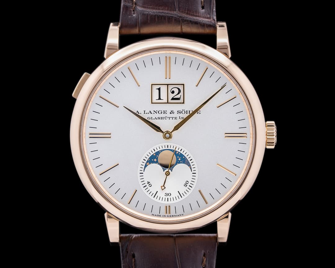 A. Lange and Sohne Saxonia 384.032 Moon Phase Automatik 18K Rose Gold Silver Dial