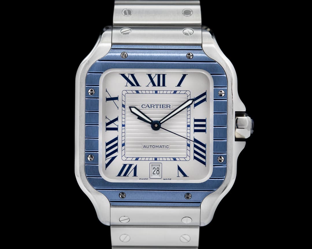 Cartier Santos Large SS/SS White Dial Blue Bezel Automatic