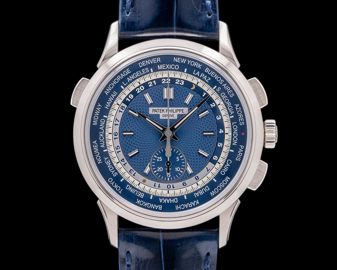 Patek Philippe World Time 5930G Chronograph 18k White Gold Blue Dial