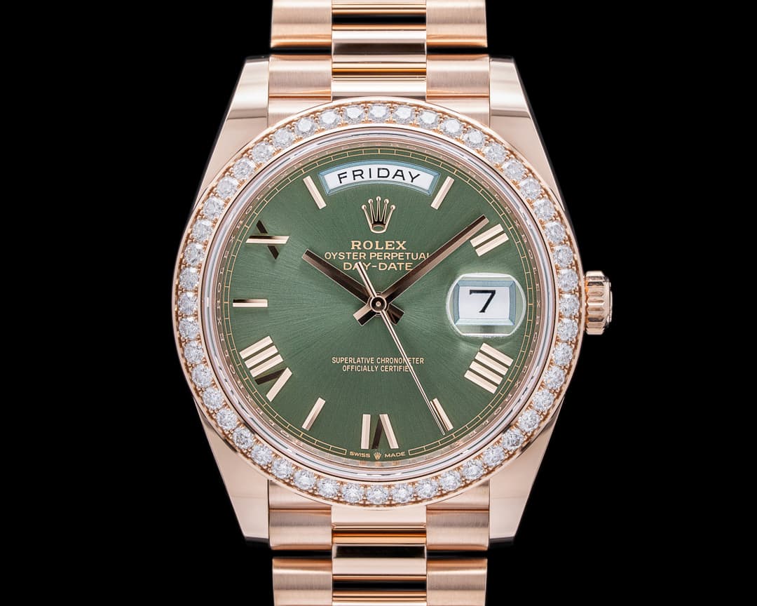 Rolex Day Date Presidential Everose Gold Green Dial Diamond Bezel 40MM