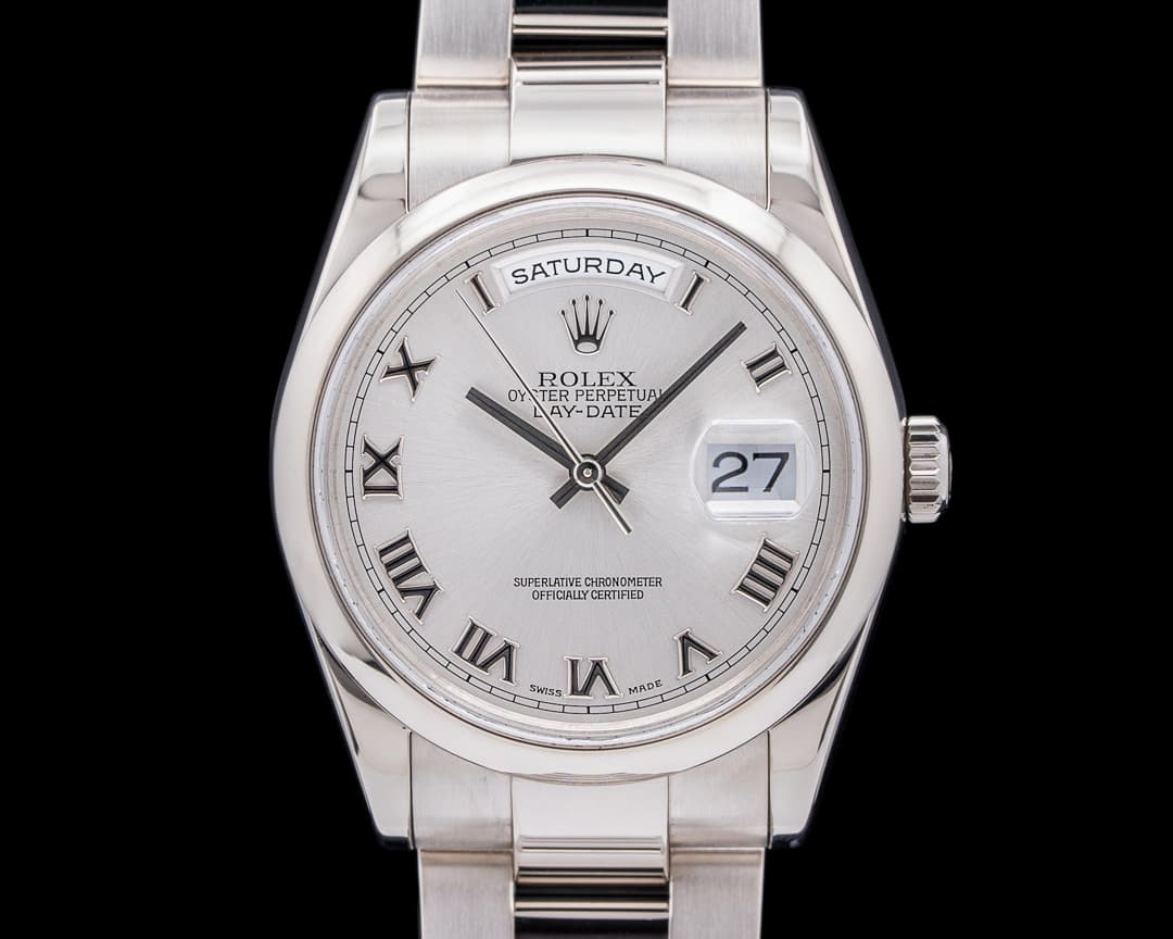 Rolex Day Date Oyster Perpetual grey sunburst Roman 18K White Gold