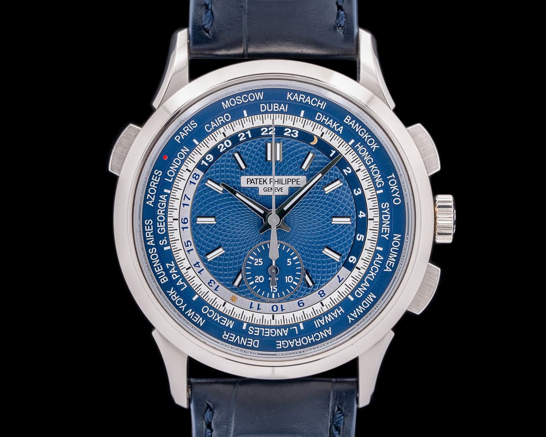 Patek Philippe World Time 5930G Chronograph 18k White Gold Blue Dial
