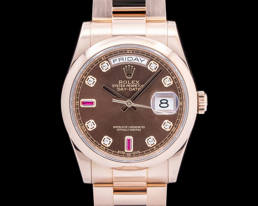 Rolex Day Date President Rose Gold Chocolate Diamond and Ruby Dial