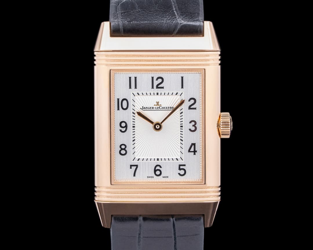 Jaeger LeCoultre Reverso Classic Medium 18k RG Manual Wind Silver Guilloche Dial