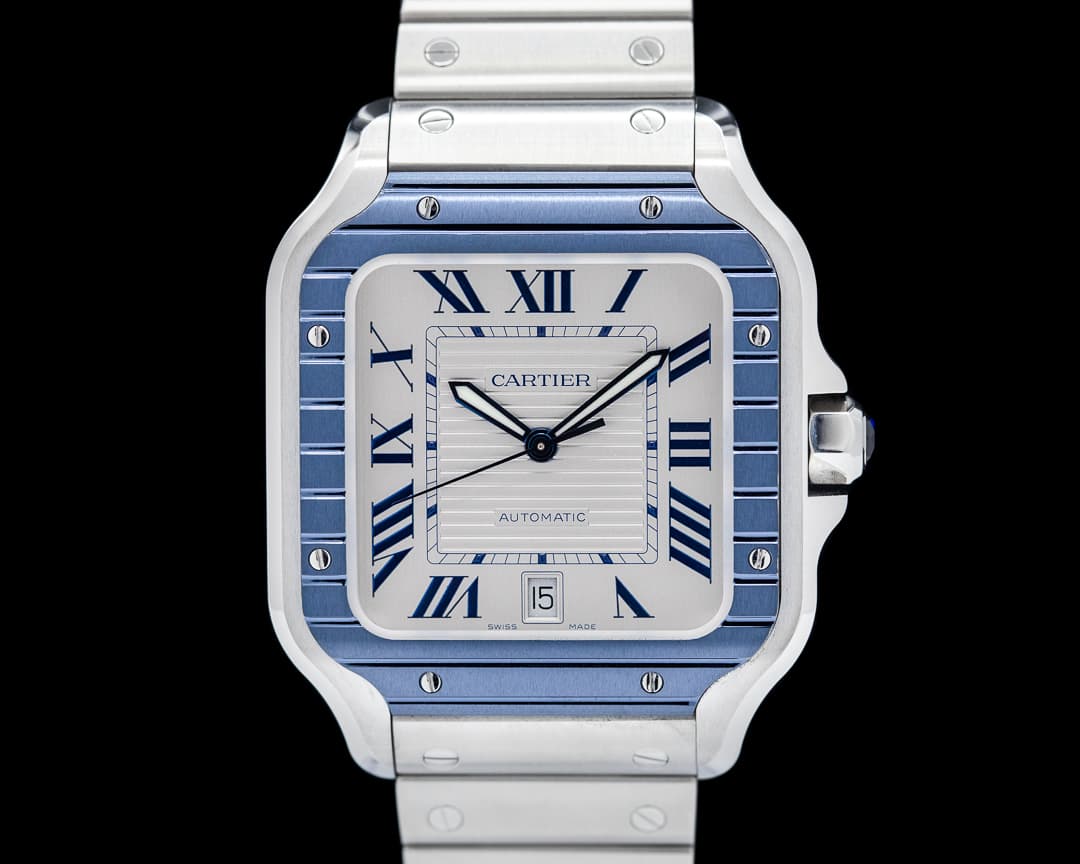 Cartier Santos Large SS / SS Silver Dial Blue Bezel Automatic
