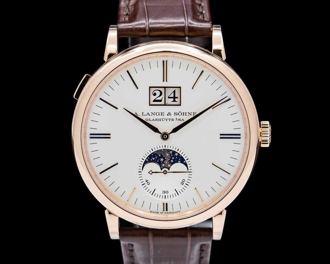 A. Lange and Sohne Saxonia 384.032 Moon Phase Automatik 18K Rose Gold Silver Dial