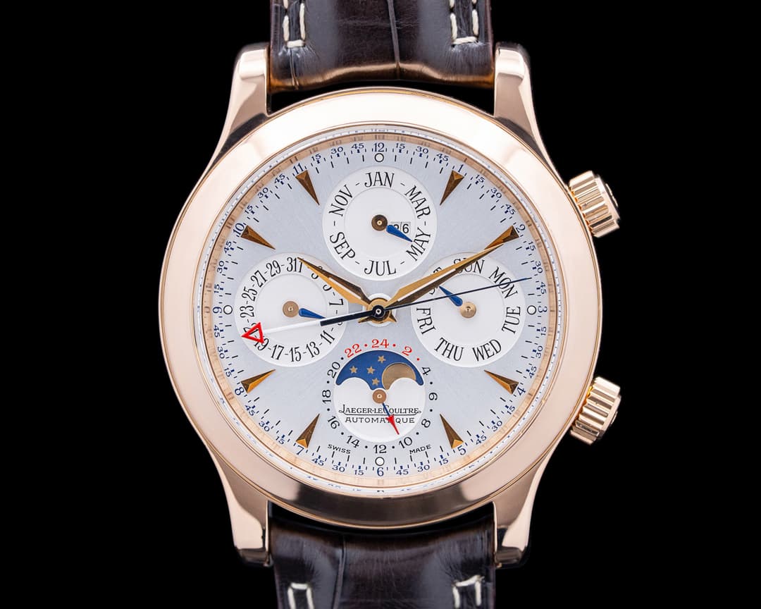 Jaeger LeCoultre 146.2.95 Master Memovox Perpetual Calendar 18K Rose Gold Silver Dial