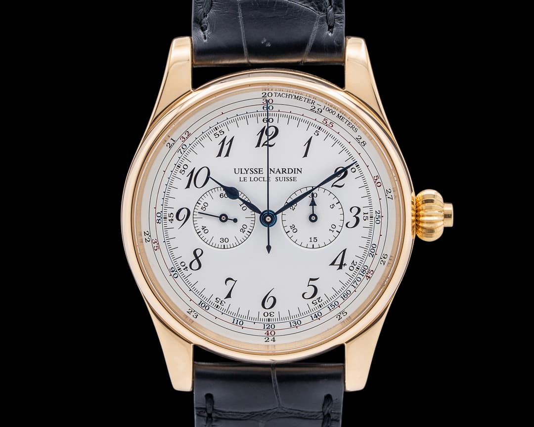 Ulysse Nardin 386-88 Single Button Chronograph 18K Yellow Gold White Dial