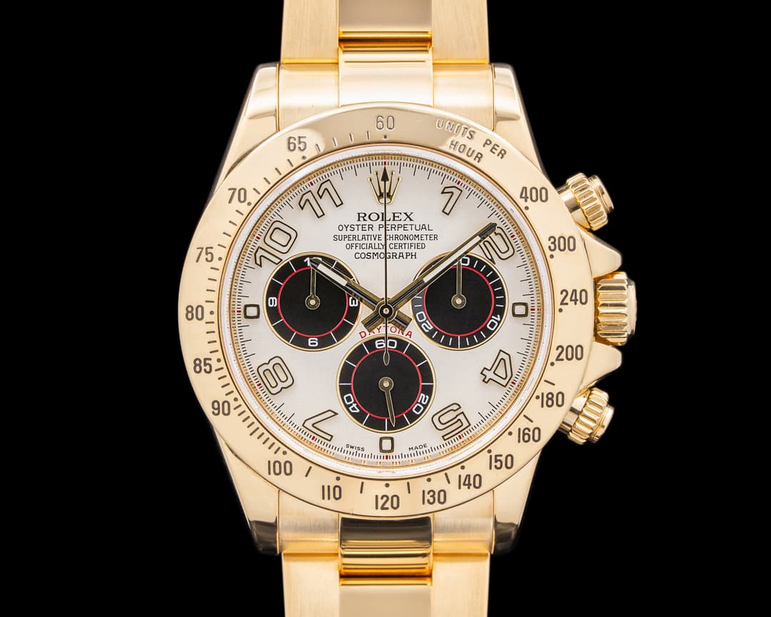 Rolex 116528 Daytona 18K Yellow Gold White Racing Panda Arabic Dial