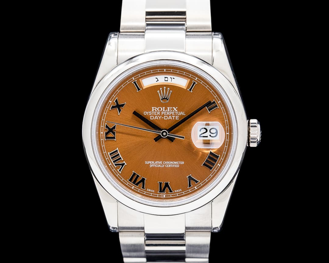 Rolex 118209 Day‑Date 36MM "Hebrew" 18K White Gold Brown Roman Dial