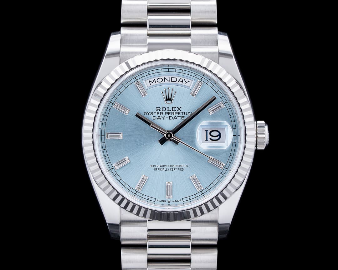 Rolex 128236 Day Date 36MM Platinum Ice Blue Baguette Dial 2025