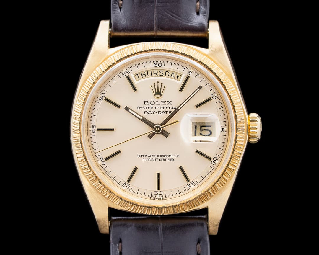 Rolex 1807 Day Date 18K Yellow Gold "Bark" Bezel Circa. 1972