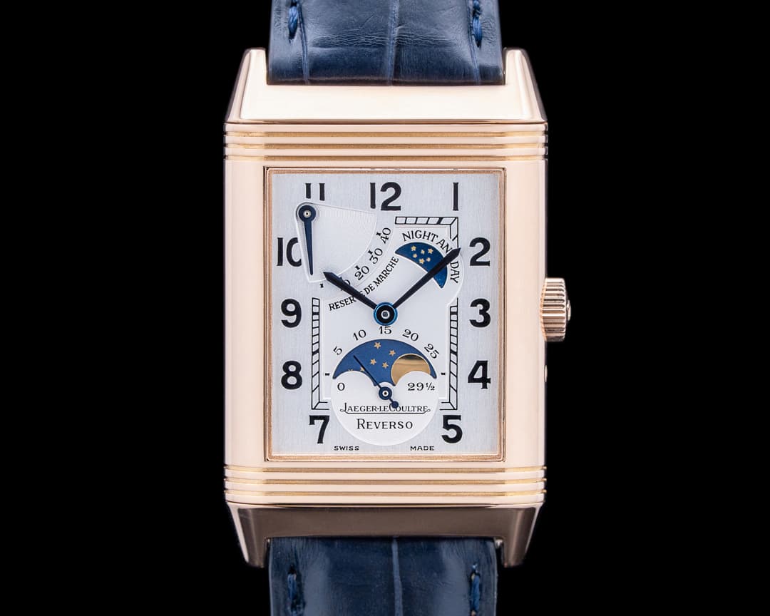 Jaeger LeCoultre 270.2.63 Reverso Sun Moon 18K Rose Gold Silver Dial