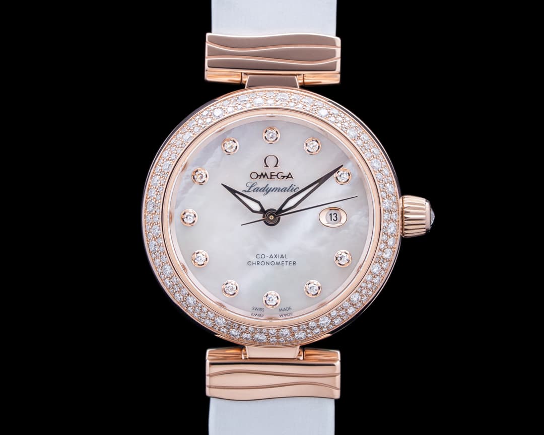 Omega De Ville Ladymatic 18K Sedna Gold Mother of Pearl Dial
