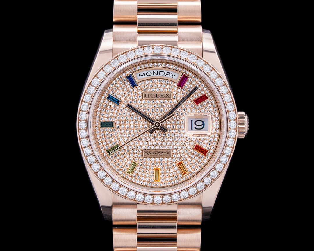 Rolex 128345RBR Day-Date 36 Rainbow 18K Everose Gold Diamond Pave Dial