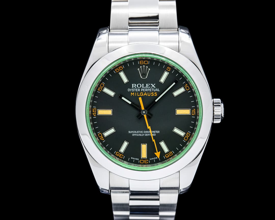 Rolex 116400GV Milgauss Green Crystal SS Black Dial