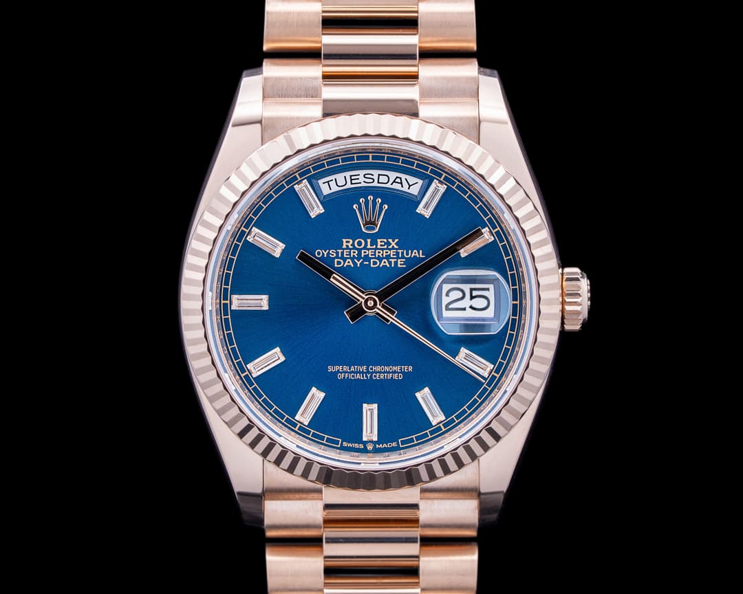 Rolex 128235 Day Date President 18K Rose Gold Blue Baguette Dial 2025