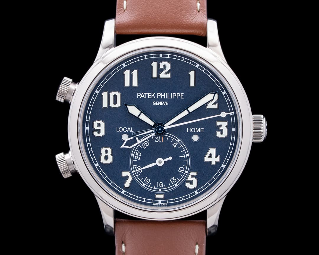 Image of Patek Philippe 5524G Calatrava Pilot Travel Time 18K White Gold Blue Dial