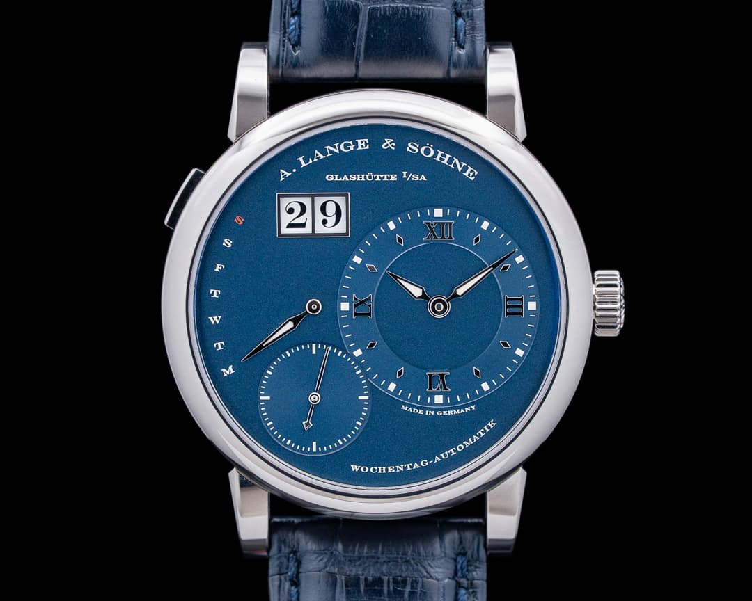 A. Lange and Sohne 320.028 Lange 1 Daymatic 18K White Gold Blue Dial