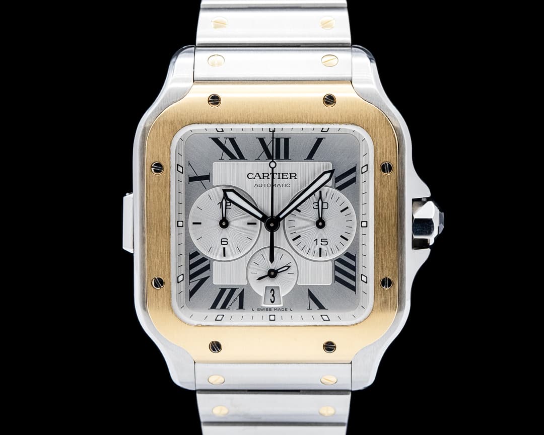 Cartier W2SA0008 Santos de Cartier Chronograph 18K Yellow Gold / SS Silver Dial
