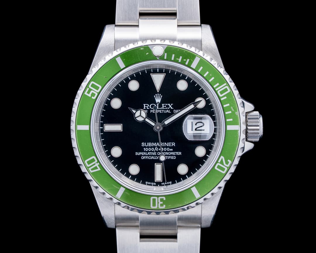 Image of Rolex 16610LV Kermit Submariner Date "Flat 4" SS Black Dial