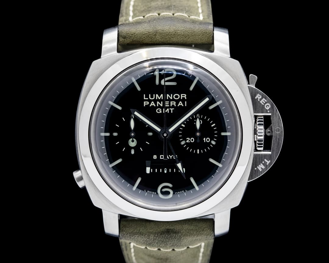 Image of Panerai PAM00275 Luminor 1950 8 Days Chrono Monopulsante GMT SS Black Dial