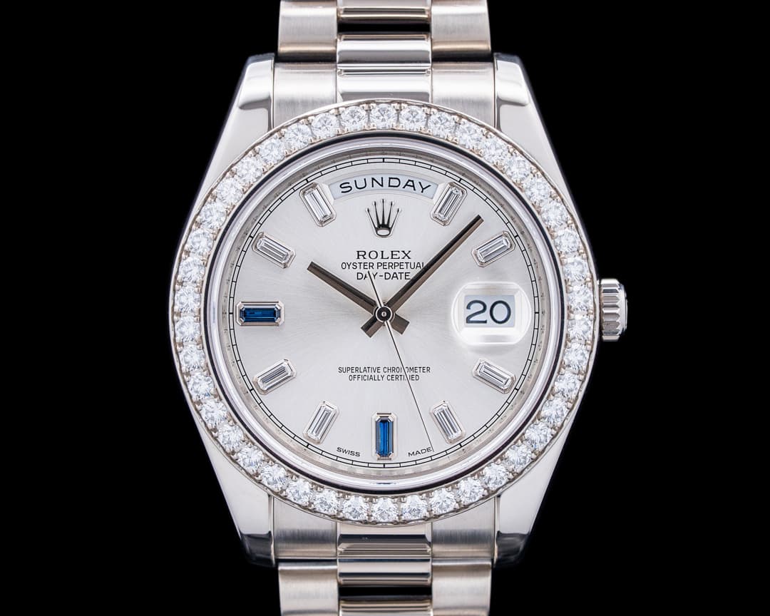 Rolex 218349 Day-Date II Diamonds 18K White Gold Silver Dial