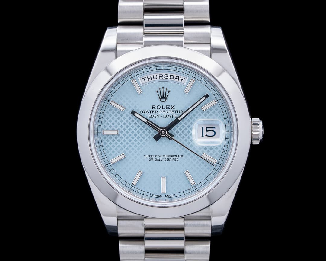 Rolex 228206 Day-Date President Platinum Ice Blue Diagonal Motif Dial