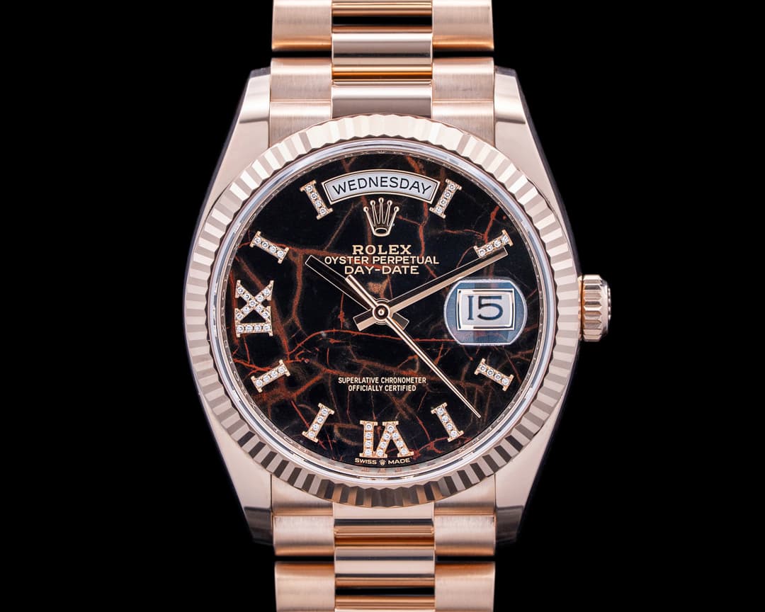 Rolex 128235 Day-Date 36 18K Everose Gold Eisenkiesel Diamond Roman Dial 2026