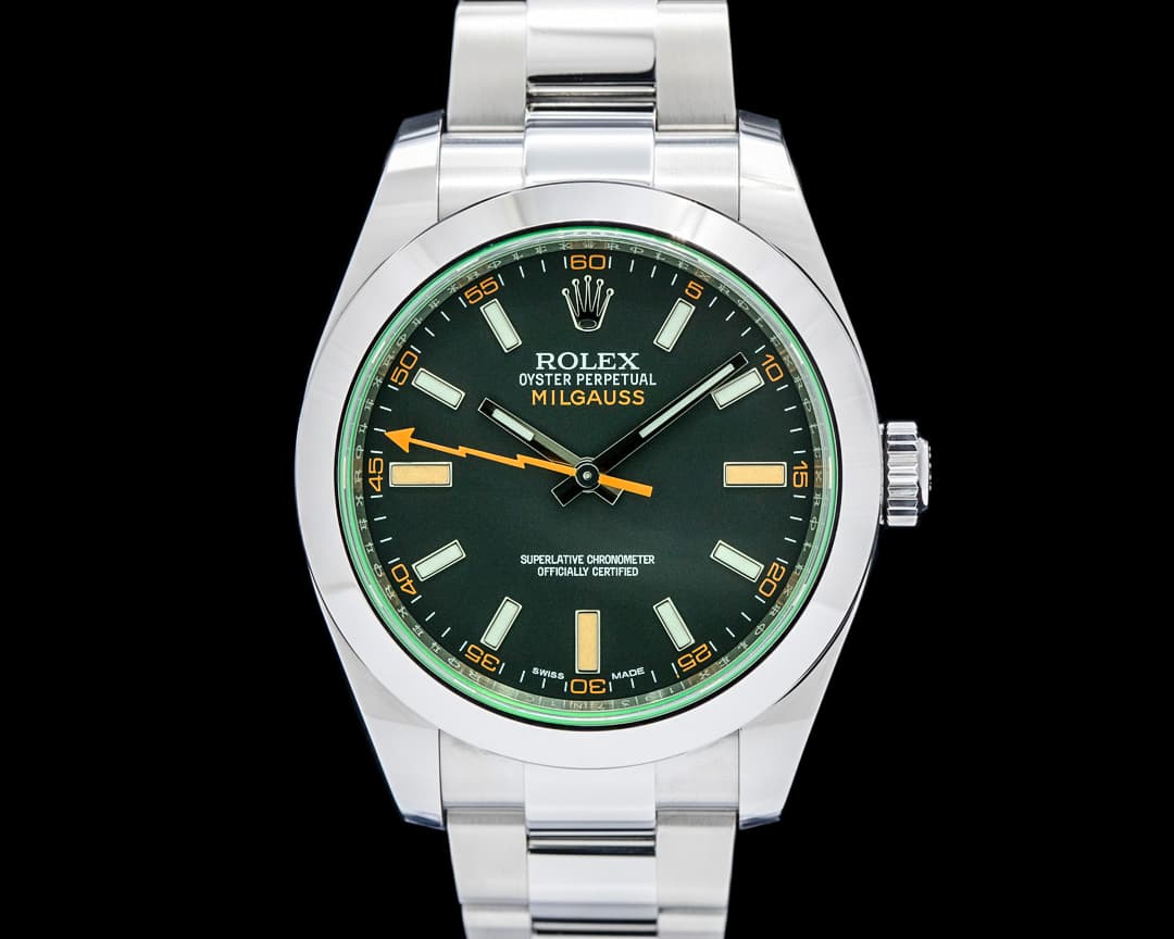 Rolex 116400GV Milgauss Green Crystal SS Black Dial