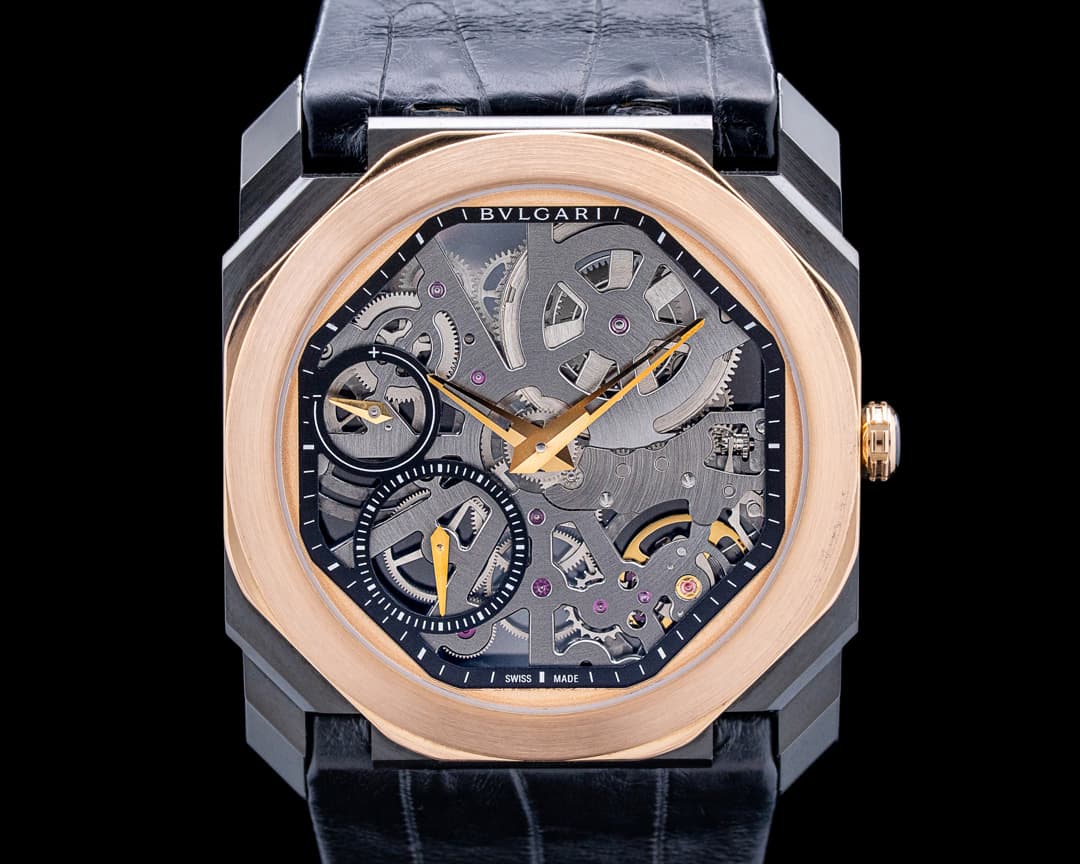 Image of Bulgari 102469 Octo Finissimo DLC SS / 18K Rose Gold Black Skeleton Dial