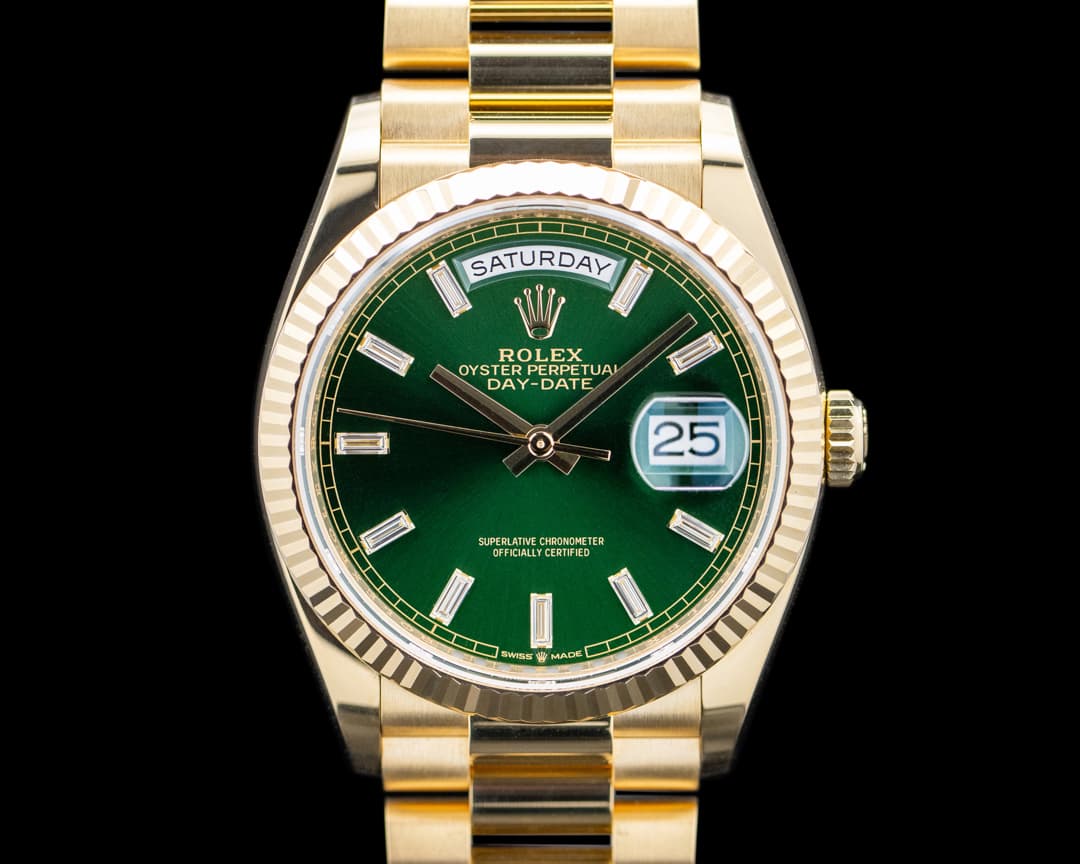 Image of Rolex 128238 Day-Date 36 18K Yellow Gold Green Baguette Dial 2026