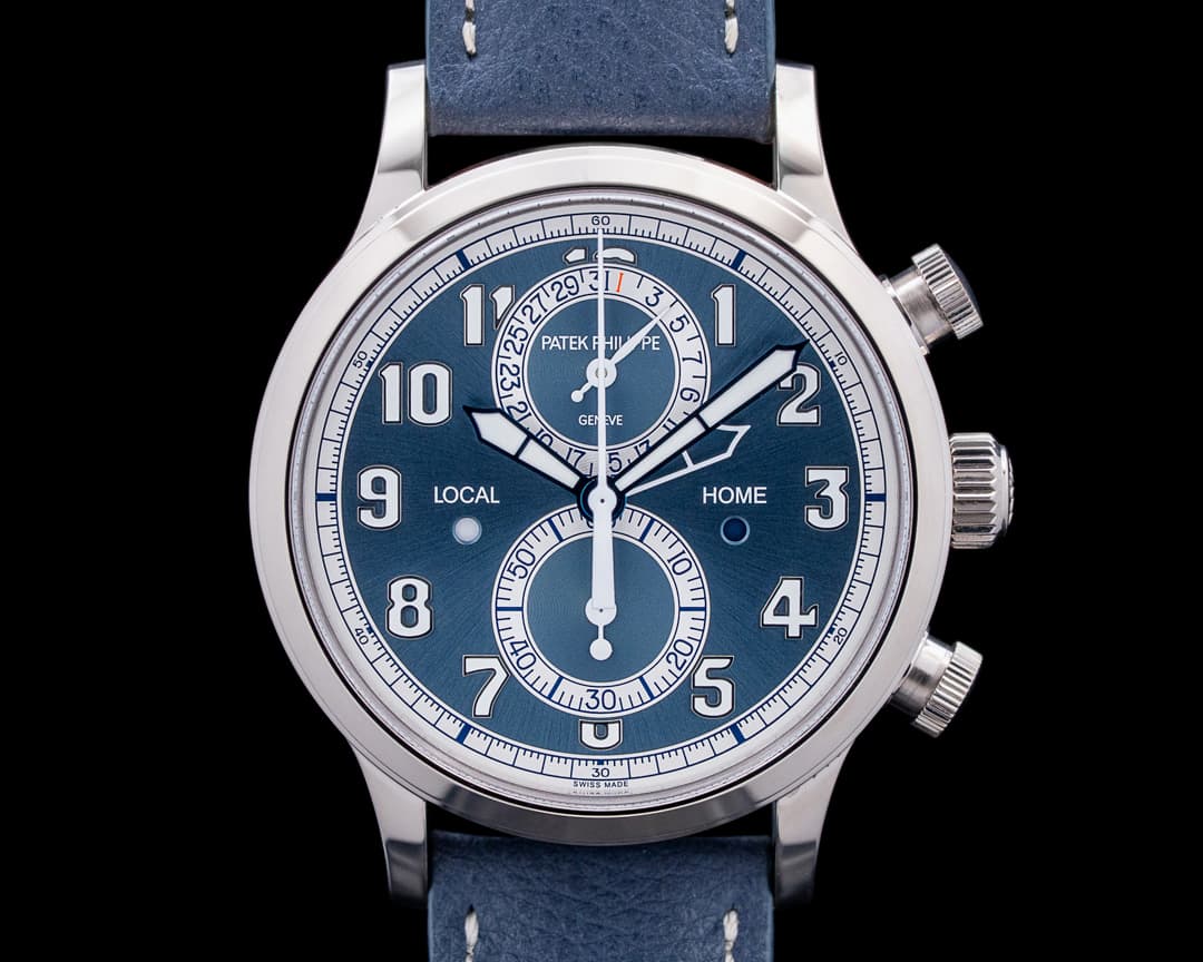Patek Philippe 5924G Calatrava Pilot Travel Time Chronograph 18K White Gold Blue Dial