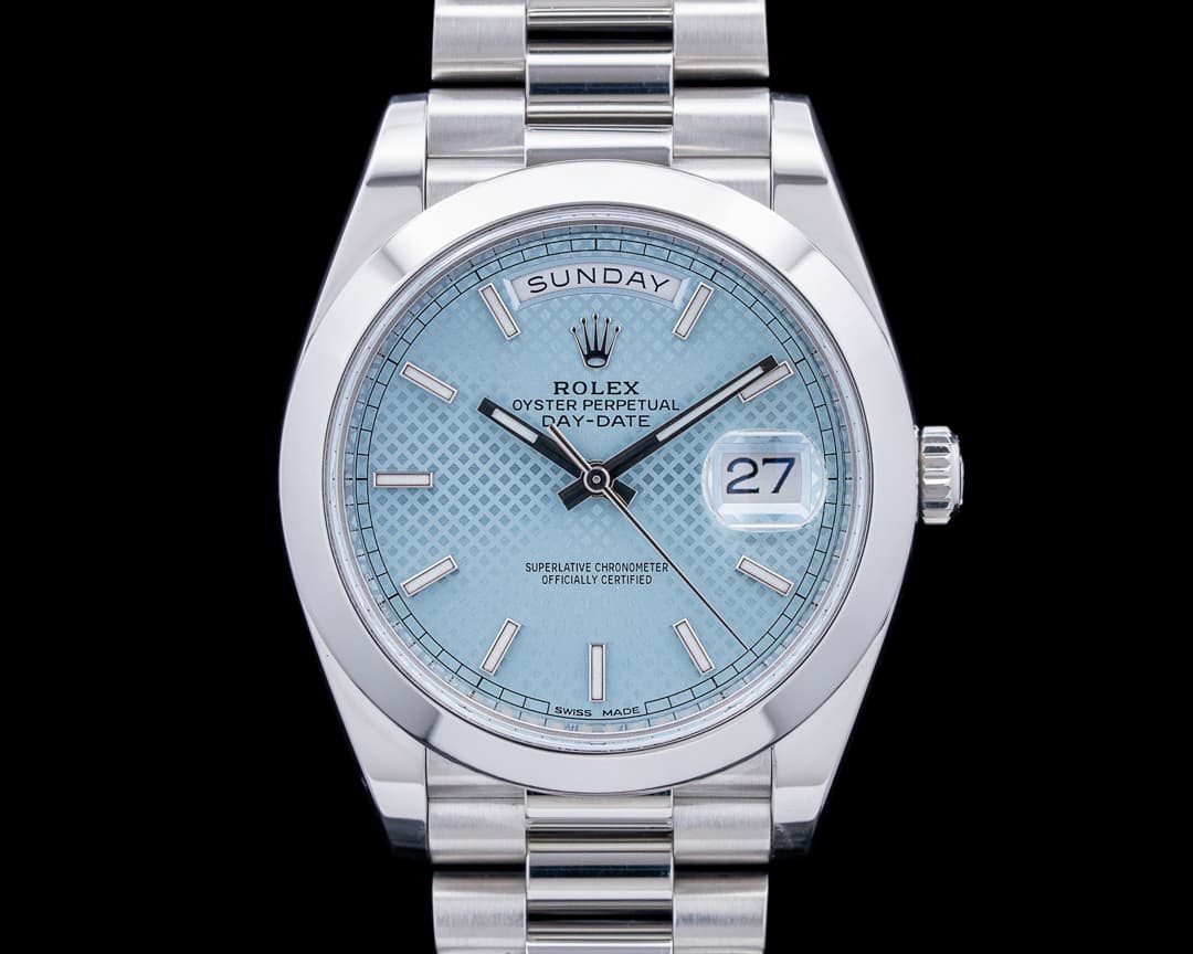Rolex 228206 Day-Date President Platinum Ice Blue Diagonal Motif Dial