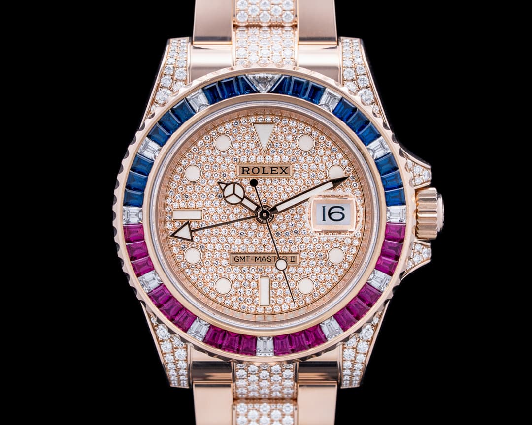 Image of Rolex 126755SARU GMT-Master II 18K RG Sapphire / Ruby Pave Dial
