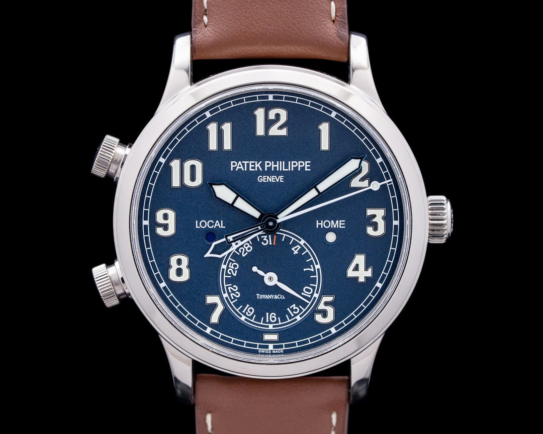 Image of Patek Philippe 5524G Calatrava Pilot Travel Time "Tiffany & Co" 18K WG Blue Dial